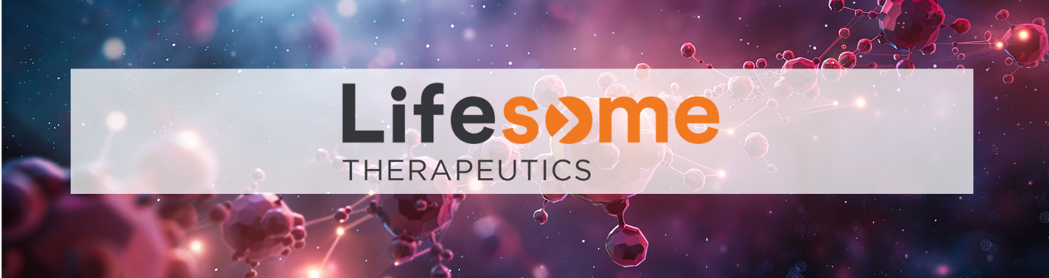 Banner con el logotipo de Lifesome Therapeutics sobre un fondo de nanopartículas abstractas rojas y púrpuras, que representan biotecnología e innovación.